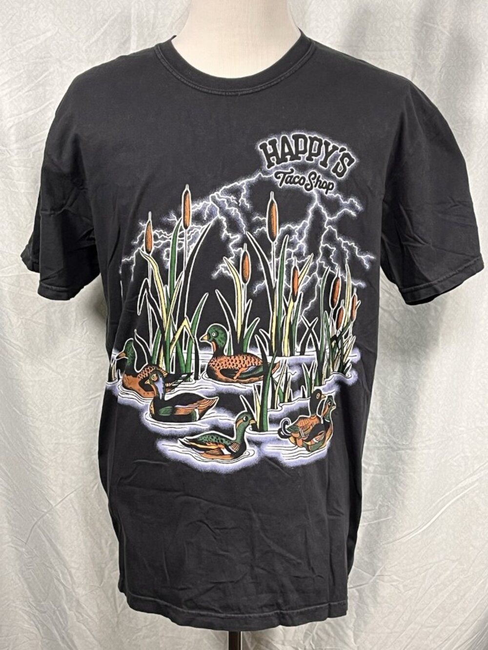 Happy’s Taco Shop T-Shirt Mens XL Black Duck Marsh Lightning Graphic Tee